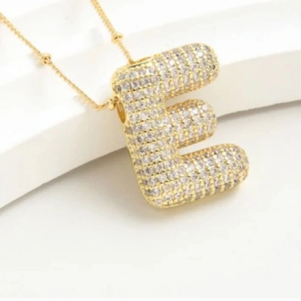 Gold Bubble Initial “E” Pendant Necklace CZ Pave Letter, 18” Chain, NWT